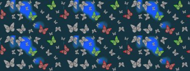 Elle çizilmiş illüstrasyon. Bahar ve yaz tasarımı için renkli bir arkaplan. Raster renkli sonsuz doku. Kelebeklerle çizim yapın.