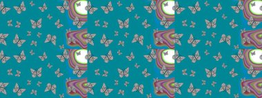 Kelebek deseni. Raster. Moda Kumaşı Tasarımı. Mavi renkte bir resim. Soyut çizim arkaplanı.