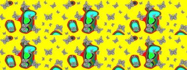 Sarı arka planda izole edilmiş web tasarımı için renk ana hatları. Robot resim. Kelebek.