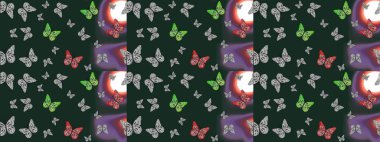 Çizim kalıbı. Mavi renkte güzel renkli kelebekler. Kumaş, tekstil, baskı ve davetiye için arka plan. Raster illüstrasyonu.