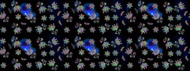 Siyah, mavi ve yeşil renkli çiçekler. El çizimi çiçekli soyut çizim kalıbı. Raster illüstrasyonu.