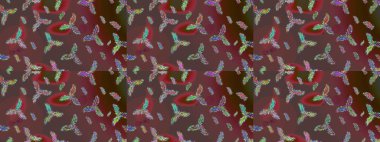 Kış kar tanesi, raster arka plan. Renkli arka planda izole kar taneleri. Yüzey için tekrarlanan doku, ambalaj kağıdı, kahverengi, yeşil ve kırmızı renkler. Raster illüstrasyonu.