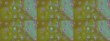 Raster illüstrasyonu. Yumuşak, yeşil renkli bahar çiçekleri. Yaprak ve çiçeklerin suluboya resmi, yeşil renkte çizim deseni.