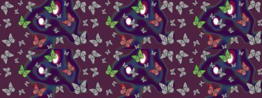 Kıyafetler, erkekler, kızlar ve duvar kağıtları için soyut çizim kalıbı. Raster illüstrasyonu. Böcekli eskiz kalıbı. Boyama kitabı için uçan farklı güzel kelebekler..