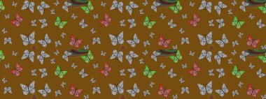 Robot resim. Kahverengi arka planda renkli kelebek koleksiyonu. Raster illüstrasyonu. Kağıt, kumaş ve ambalaj için uygun. Kart, baskı ve davetiye için basit kadınsı desen.