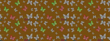 Yazdırmayı tekrarla. Kahverengi soyut suluboya kelebekleri olan yumuşak bir deniz mavisi deseni. Sonsuz. Raster illüstrasyonu.