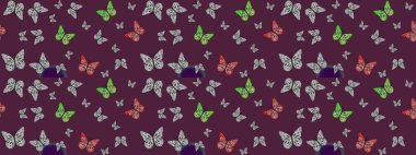 Kelebeklerle dolu renkli bir halk eskizi çizimi. Davetiye, kart ve parmak izi için basit şirin bir model. Kahverengi arka planda renkli bir kelebek.