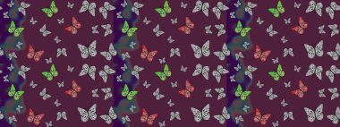 Çizim, karalama, karalama. Tekrarlanan kelebekler. Raster illüstrasyonu. Sonsuz. Elle çizilmiş sevimli kız çizimi deseni.