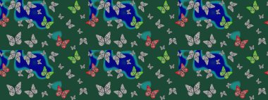 Kelebekli Raster. Yeşil renkli illüstrasyon. Kıyafetler, erkekler, kızlar ve duvar kağıtları için soyut çizim kalıbı. Raster..