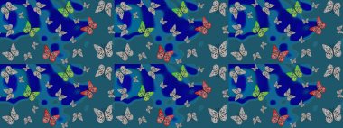 Mavi renkli resimler. Elle çizilmiş illüstrasyon. Moda Kumaşı Tasarımı. Şirin kelebeklerin güzel çizim şekli. Raster..