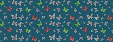 Giysi tasarımı için mavi arka planda dekor. Raster illüstrasyonu. Renkli kelebeklerin eskiz arka planı.