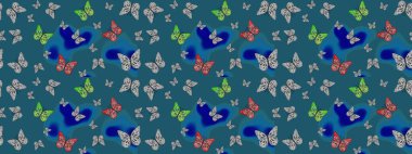 Raster. Tropik gerçekçi kelebek. Sırtın için parlak bir dövme. Mavi arka planda güzel renkli bir kelebek. Kelebek tasviri.