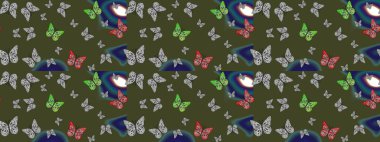 Resimlerde tropik kelebekler görülür. Raster. Duvar kağıtları, web sayfası geçmişi, yüzey dokuları, tekstil için mükemmel. Yeşil renkler üzerine çiçek desenli eskiz.