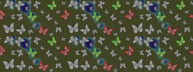 Raster illüstrasyonu. Raster. Web sayfası geçmişleri, duvar kağıtları, tekstil ve yüzey dokuları için mükemmel. Yeşil arka plandaki suluboya kelebeklerin. Çizim deseni.