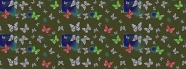 Raster illüstrasyonu. Dekoratif el çizimi kelebekler. Yeşil renkli resim. Güzel kumaş tasarımı..