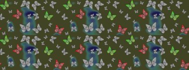 Çocuk kelebek çizim kalıbı. Yeşil renkli sanat kelebekleri. Kağıt, kumaş, ambalaj kağıdı ve duvar kâğıdı tasarımı için hoş bir arkaplan. Raster..