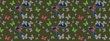Güzel renkli kelebekler yeşil renklerde kaotik bir şekilde uçar Raster. Parlak kelebeklerin eskiz geçmişi. Kumaş, kağıt ve ambalaj için uygun. Uçan güve ile çok renkli arkaplanı çiz