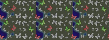 Moda Kumaşı Tasarımı. Kelebekli parlak eskiz deseni. Yeşil renkli resim. Raster illüstrasyonu.