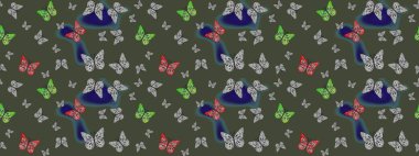 Yeşil renkli resim. Kelebekli parlak eskiz deseni. Raster illüstrasyonu. Moda Kumaşı Tasarımı.