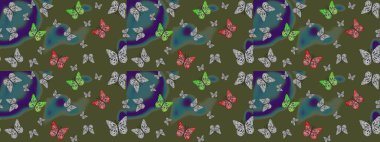 Kelebekli renkli folklor deseni. Paketleme, kağıt ve kumaş için uygun. Yeşil arka planda renkli kelebekler.