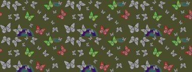 Raster illüstrasyonu. Çizim kalıbı. Karala, karala, karala. Yeşil renklerin çizimi. Tekstil baskısı için ekose kelebek.