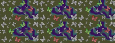 Egzotik hayvanlar. Yeşil kelebekler. Robot resim. Kumaş, kağıt, ambalaj kâğıdı ve duvar kağıdı tasarımı için harika bir arka plan. Raster illüstrasyonu.