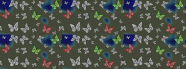 Renkli kelebekler. Web sayfası geçmişleri, duvar kağıtları, tekstil ve yüzey dokuları için mükemmel. Raster illüstrasyonu. Çizim deseni.