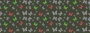 Kelebek desenli yeşiller. Kumaş, kağıt, ambalaj kâğıdı ve duvar kağıdı tasarımı için harika bir arka plan. Raster. Çizim.