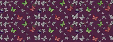 Bahar ve yaz tropikal kelebek eskiz deseni kahverengi renklerde. Kumaş, kağıt ve ambalaj için uygun. Raster illüstrasyonu. Kelebek gölgeleri ve siluetler.