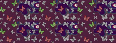 Raster Arkaplanı kahverengi renklerde. Kart, Davetiye ve Yazdırma için Şirin Kadınsı Desen. Güzel Kelebek Siluetleriyle Moda Dekorasyonu. Renkli Kelebeklerle Bahar Arkaplanı.