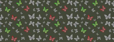 Kumaş, kağıt ve ambalaj için uygun. Raster. Uçan güvelerle çok renkli bir arka plan çiz. Parlak kelebeğin eskiz geçmişi. Güzel renkli kelebekler kaotik bir şekilde yeşil renkte uçar.