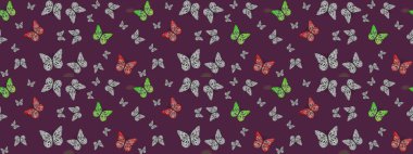 Çizim kalıbı. Raster. Kağıt, kumaş ve ambalaj için uygun. Kahverengi sevimli arka planda kelebekler.