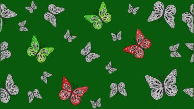 Kumaş, tekstil, baskı ve davetiye için arka plan. Yeşil renkte güzel renkli kelebekler. Çizim kalıbı. Raster illüstrasyonu.