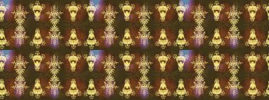 Kar tanelerinin soyut arkaplanlı Noel şablonu. Raster illüstrasyonu. Kahverengi ve sarı renkler. Noel ve Yeni Yıl moda baskıları için tatil tasarımı.