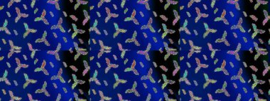 Mavi, siyah ve yeşil kar taneleri. Raster illüstrasyonu. Kar tanelerinin soyut arkaplanlı Noel şablonu. Noel ve yeni yıl moda baskıları için tatil tasarımı. Renkler.