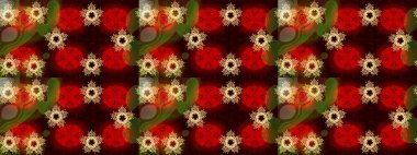 Kar tanelerinin soyut arkaplanlı Noel şablonu. Raster illüstrasyonu. Kırmızı, kahverengi ve siyah renkler. Noel ve Yeni Yıl moda baskıları için tatil tasarımı.