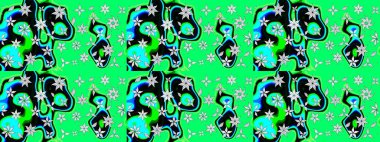 Hediye ambalaj kağıdı, tebrik kartları, posterler ve pankart tasarımı. Yeşil renkli çiçekler. Raster düz çiçek çizim deseni.