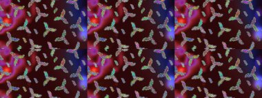 Renkler. Kar tanelerinin soyut arkaplanlı Noel şablonu. Raster illüstrasyonu. Kahverengi, kırmızı ve mor kar taneleri. Noel ve Yeni Yıl moda baskıları için tatil tasarımı.