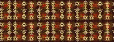 Raster illüstrasyonu. Noel ve yeni yıl moda baskıları için tatil tasarımı. Kahverengi, kırmızı ve sarı kar taneleri. Kar tanelerinin soyut arkaplanlı Noel deseni.