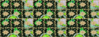 Altın elementli yeşil renklerde altın eskiz deseni. Raster illüstrasyonu. Tekrarlayan elementlerle soyut arkaplan oluşturun. Sketch damask klasik altın desen.