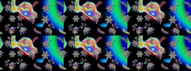 Bokeh siyahı, mavi, yeşillik ve kar taneleriyle dekoratif Noel arkaplanı. Raster illüstrasyonu.
