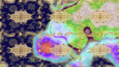 Raster illüstrasyonu. Doğu tarzı arabesk. Çizim altın desenli bukleler. Raster altın desen. Altın elementli nötr renkler.