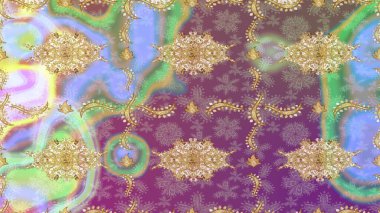 El yapımı dekoratif çerçeve, albüm kapağı, tebrik kartı, klasik Art deco tarzı. Raster soyut çiçek çelengi altın karalama fantezi yaprakları ve tarafsız renklerde çiçek.