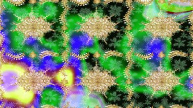 Klasik raster şablonu. Yeşil ve altın desenli. Tekrarlayan ögelerle soyut arkaplan çiz.