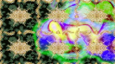 Yeşil renkler ve altın elementler üzerine çizim. Altın desenli bukleler çiz. Hassas altın deseni açın. Doğu tarzı arabesk. Parlak dantel, stilize çiçekler, şal desenli. Raster sanatı.