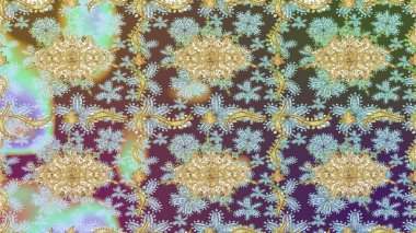 Altın elementlerle nötr renklerde altın desen. Süslü raster dekorasyonu. Barok biçiminde duvar kağıdı tasarımı için şablon çizimi arkaplanı.