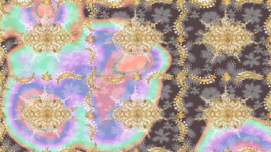 Tarafsız renklerde altın element. Damask çizimi tekrarlanıyor. Barok tarzında altın çiçekli süs. Antika altın tekrarlanabilir duvar kağıdı.