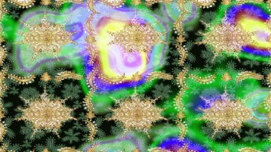 Sembol bayramı, yeni yıl kutlamaları, altın desenler. Kış kar dokusu duvar kağıdı. Yeşil renkli altın kar taneleri. Noel Altın Kar Tanesi çizim kalıbı.