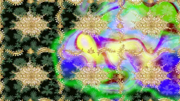 Yeşil renkler ve altın elementler üzerine çizim. Altın desenli bukleler çiz. Hassas altın deseni açın. Doğu tarzı arabesk. Parlak dantel, stilize çiçekler, şal desenli. Raster sanatı.