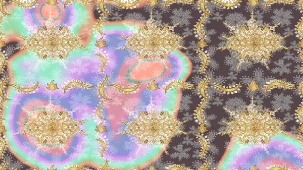 Tarafsız renklerde altın element. Damask çizimi tekrarlanıyor. Barok tarzında altın çiçekli süs. Antika altın tekrarlanabilir duvar kağıdı.